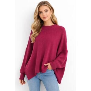 Free People Oversized Ribbed Knit Sweater XS Slouchy Dolman Sleeve Berry Boho